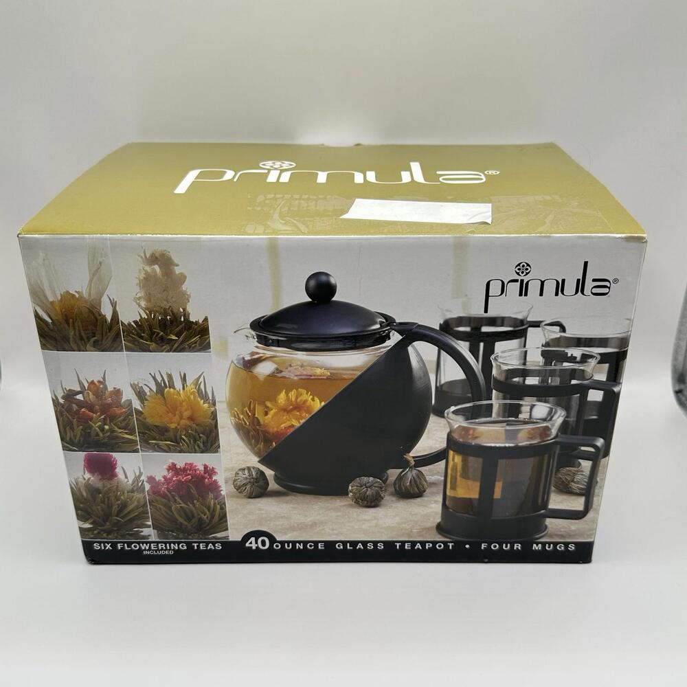 Primula Glass Tea Pot 4 Mugs Black Holder Handles Infuser  *No Tea included NEW